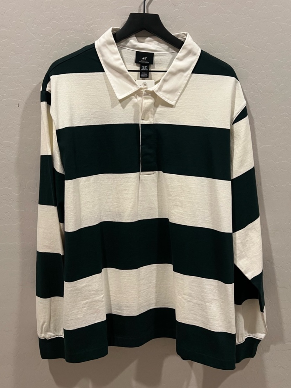 H&M Green and White Striped Rugby Polo